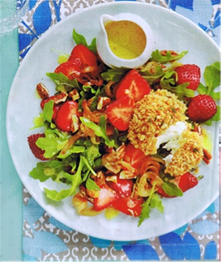 Post image for Baked Goat Cheese Salad with Caramelized Onions, Strawberries &amp; Pecans